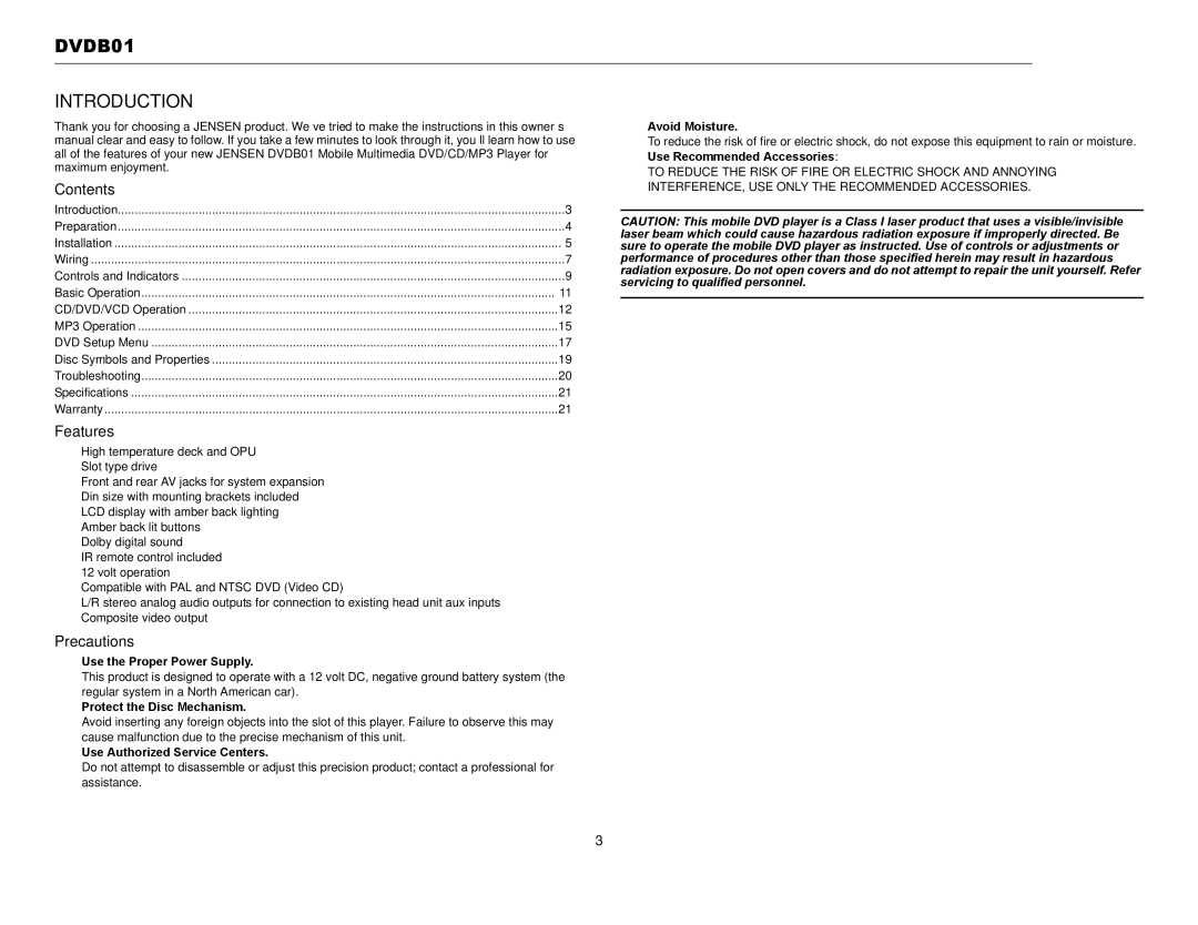 Jensen operation manual DVDB01 Introduction, Contents, Features, Precautions 