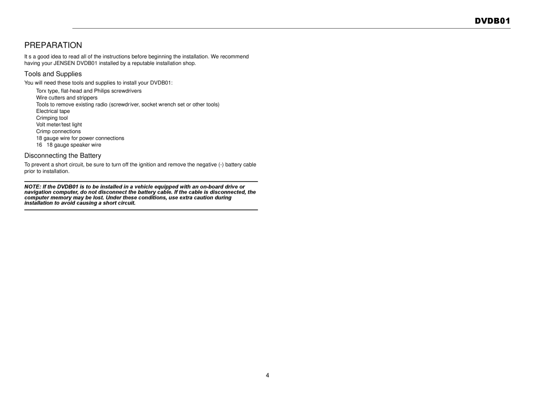 Jensen operation manual DVDB01 Preparation, Tools and Supplies, Disconnecting the Battery 