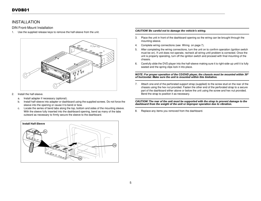 Jensen operation manual DVDB01 Installation, DIN Front-Mount Installation, Install Half-Sleeve 