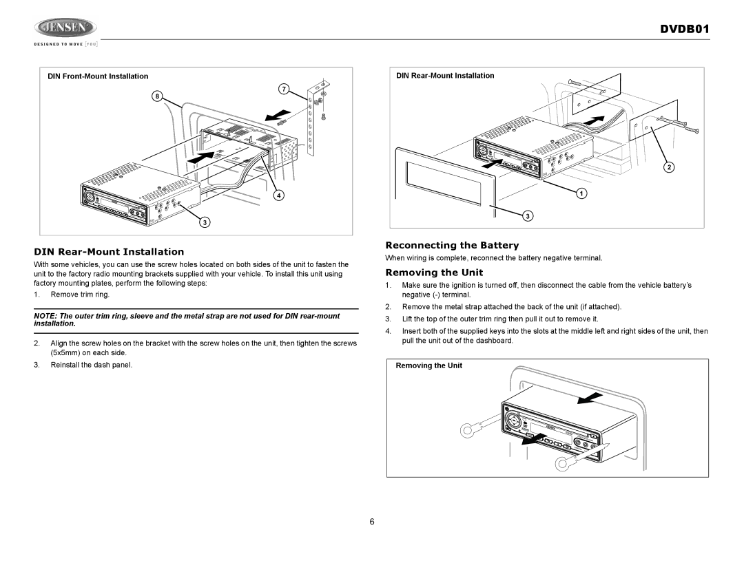 Jensen DVDB01 operation manual DIN Rear-Mount Installation, Reconnecting the Battery, Removing the Unit 