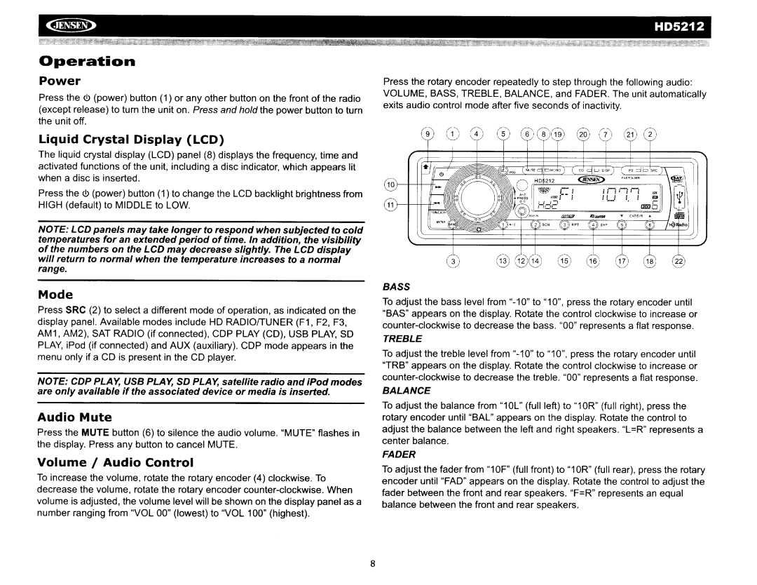 Jensen HD5212 operation manual Operation, Power 