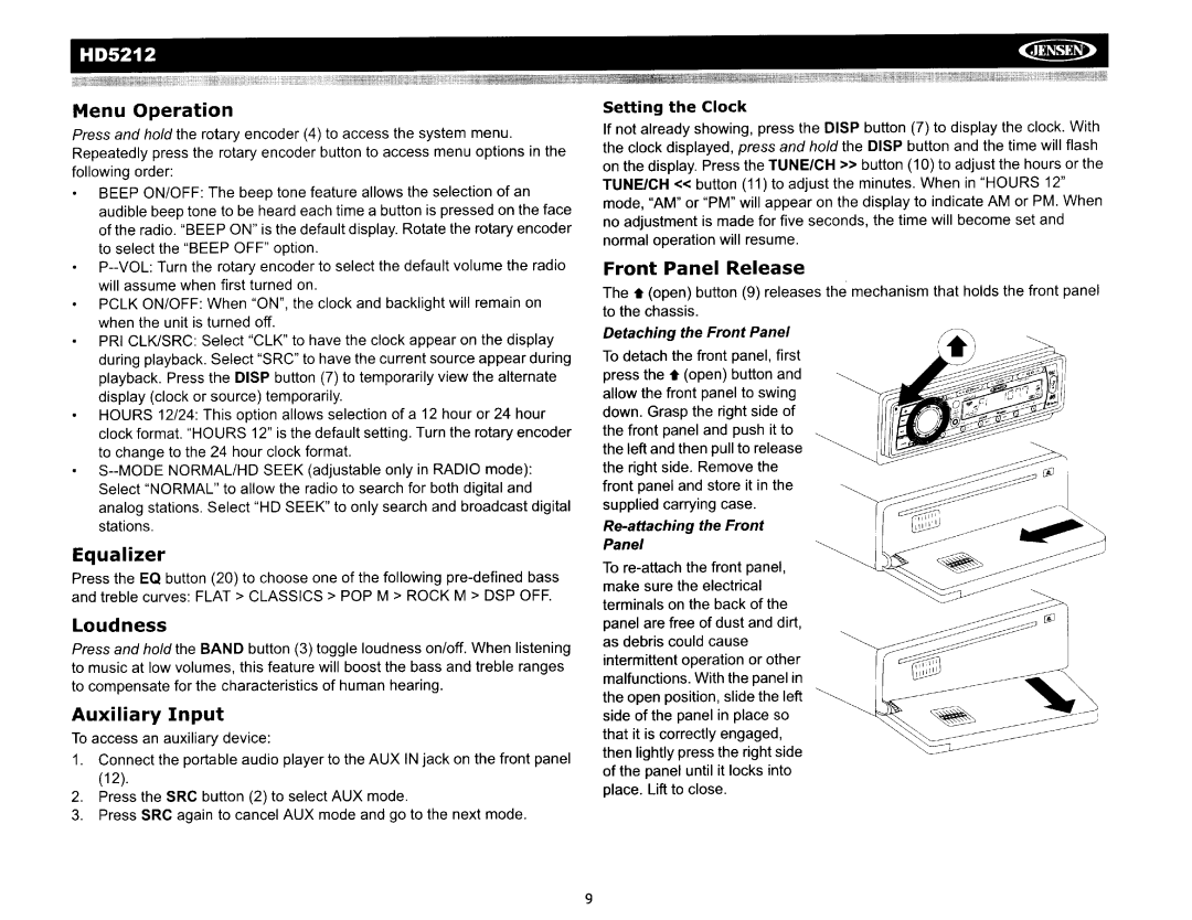 Jensen HD5212 operation manual Detaching the Front Panel, Re-attaching the Front Panel 