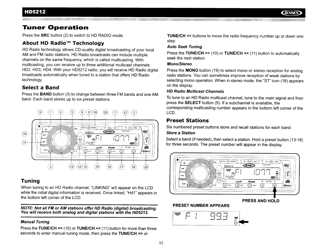 Jensen HD5212 operation manual Tuner Operation, About HD Radio Technology, Select a Band, Tuning, Preset Stations 