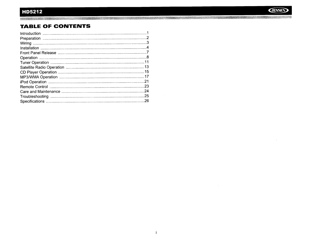 Jensen HD5212 operation manual Table of Contents 