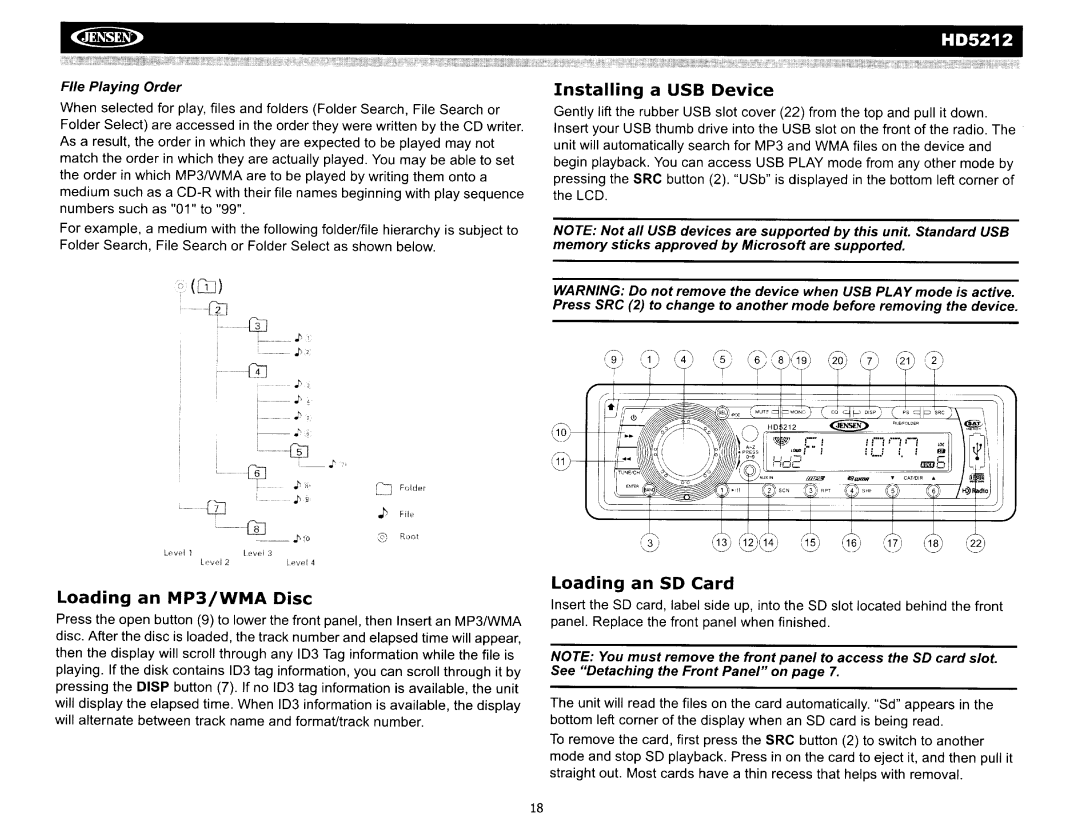 Jensen operation manual HD5212 Installing a USB Device, Loading an MP3/WMA Disc, Loading an SO Card, File Playing Order 