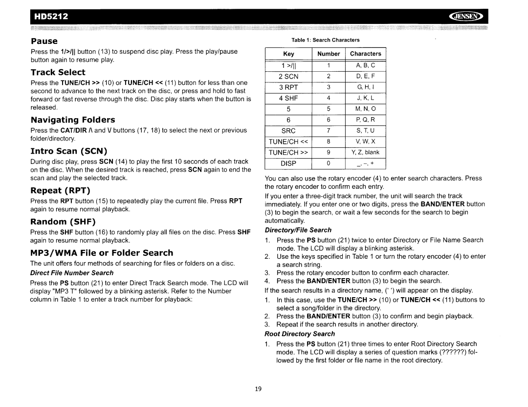 Jensen operation manual HD5212 Pause, Navigating Folders, Repeat RPT, MP3/WMA File or Folder Search 