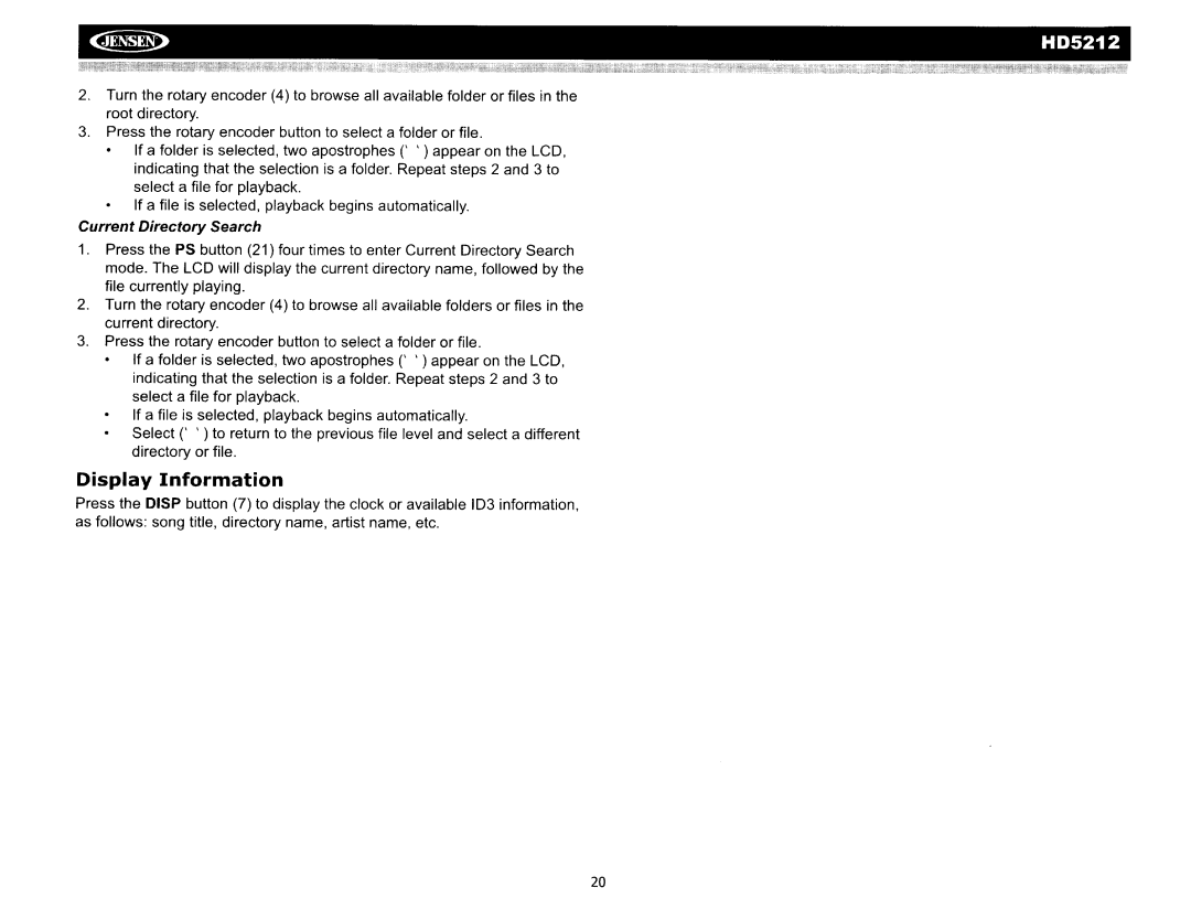 Jensen HD5212 operation manual Display Information, Current Directory Search 