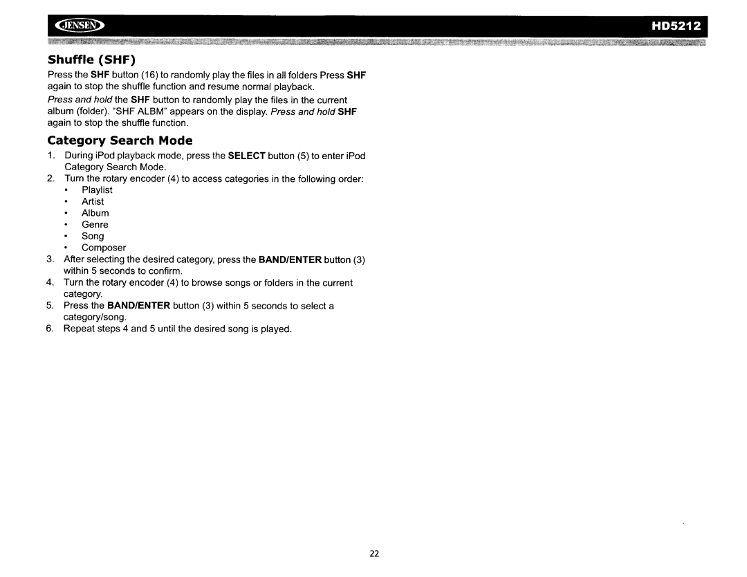 Jensen HD5212 operation manual Shuffle SHF, Category Search Mode 