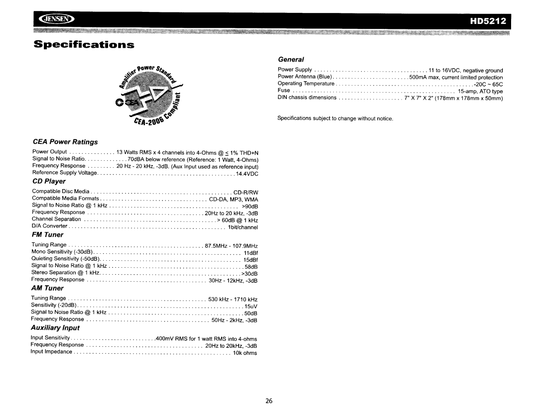 Jensen HD5212 operation manual Specifications 