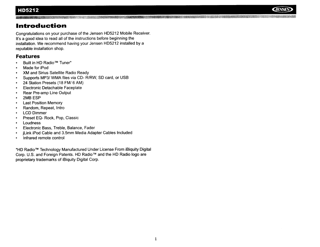 Jensen HD5212 operation manual Introduction, Features 