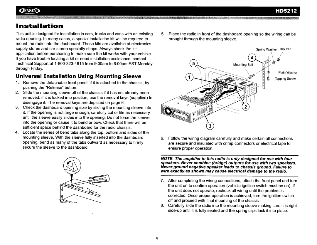 Jensen HD5212 operation manual Universal Installation Using Mounting Sleeve 