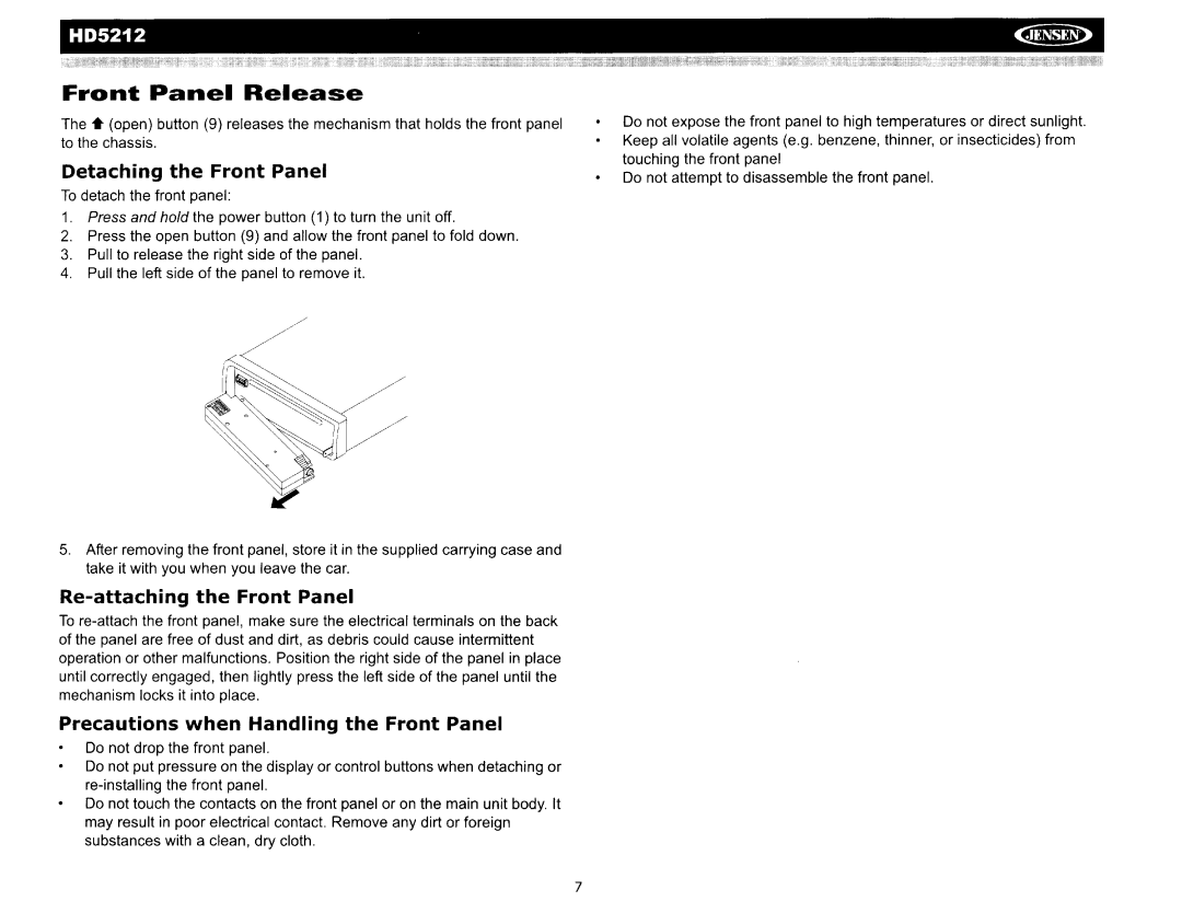 Jensen HD5212 operation manual Front Panel Release, Detaching the Front Panel, Re-attaching the Front Panel 