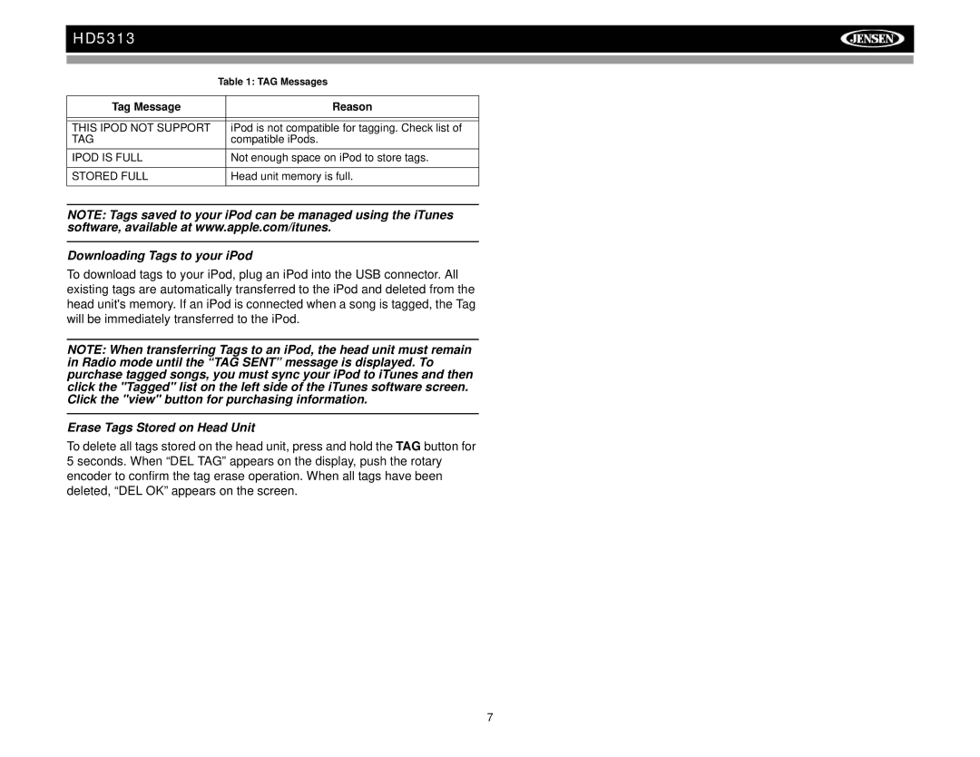 Jensen HD5313IR operation manual Downloading Tags to your iPod, Erase Tags Stored on Head Unit 