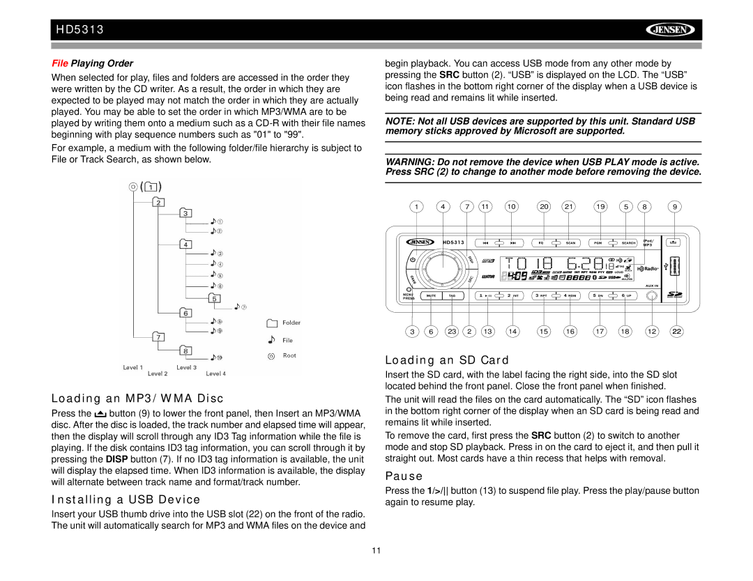 Jensen HD5313IR operation manual Loading an MP3/WMA Disc, Installing a USB Device, Loading an SD Card, File Playing Order 