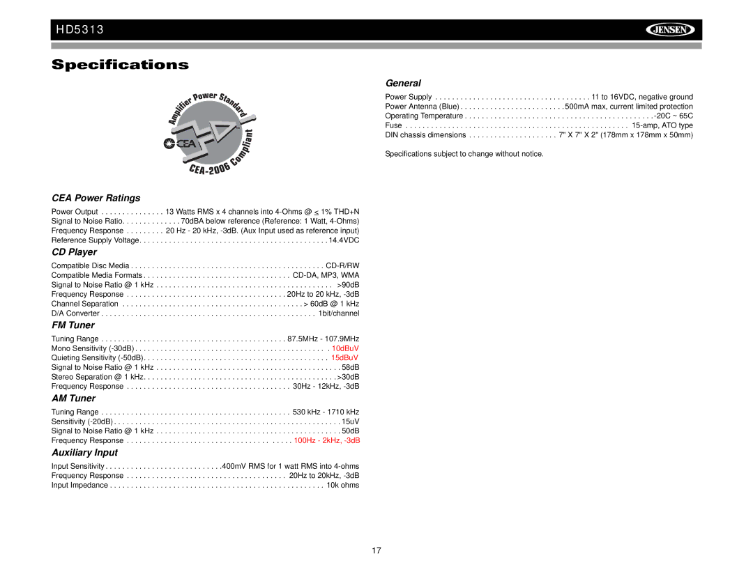 Jensen HD5313IR operation manual Specifications 