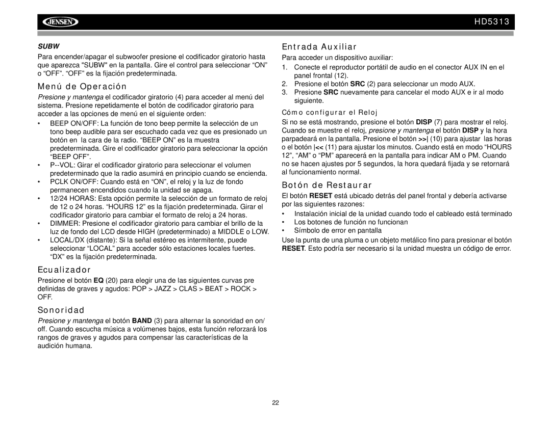 Jensen HD5313IR operation manual Menú de Operación, Ecualizador, Sonoridad, Entrada Auxiliar, Botón de Restaurar 