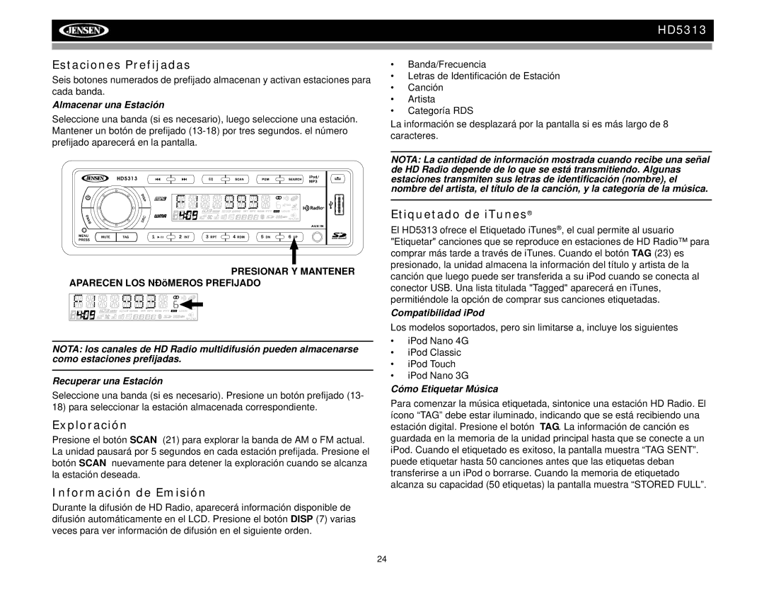 Jensen HD5313IR operation manual Estaciones Prefijadas, Exploración, Información de Emisión, Etiquetado de iTunes 