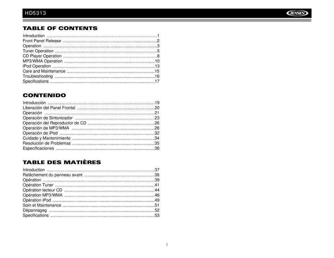 Jensen HD5313IR operation manual Table of Contents 