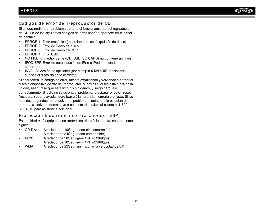 Jensen HD5313IR operation manual Códigos de error del Reproductor de CD, Protección Electrónica contra Choque ESP 