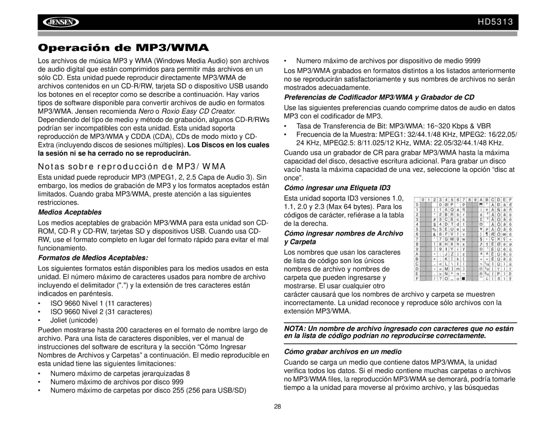 Jensen HD5313IR operation manual Operación de MP3/WMA, Notas sobre reproducción de MP3/WMA 