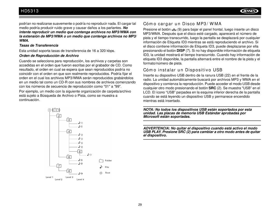 Jensen HD5313IR operation manual Cómo cargar un Disco MP3/WMA, Cómo instalar un Dispositivo USB, Tasas de Transferencia 