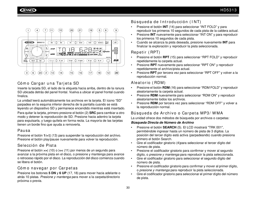 Jensen HD5313IR Cómo Cargar una Tarjeta SD, Cómo navegar por Carpetas, Búsqueda de Archivo o Carpeta MP3/WMA 