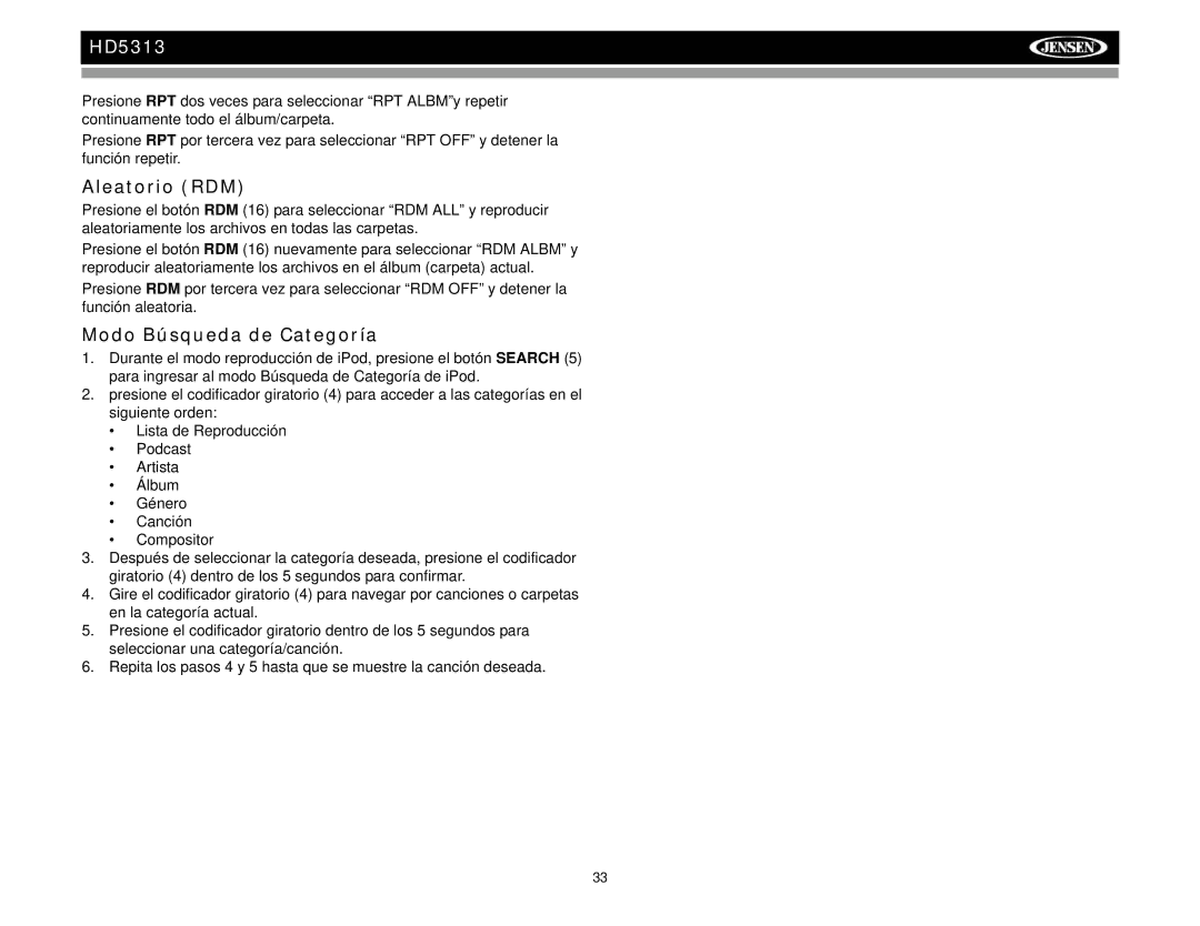 Jensen HD5313IR operation manual Aleatorio RDM, Modo Búsqueda de Categoría 