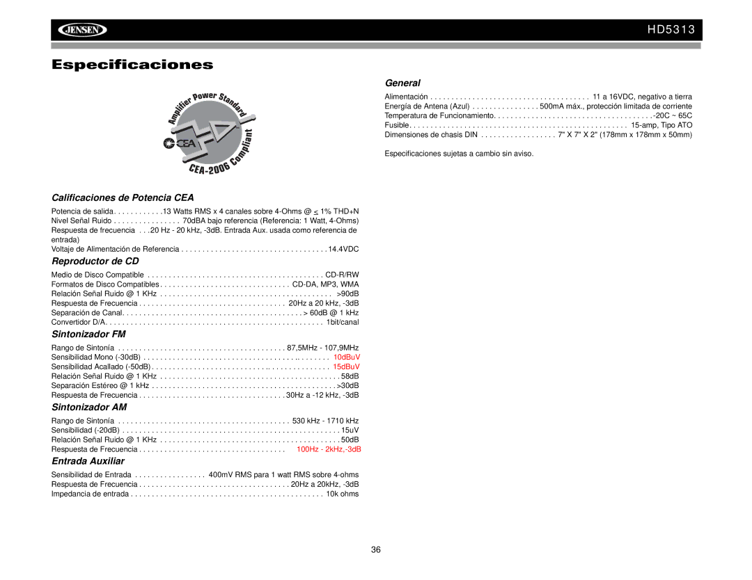 Jensen HD5313IR operation manual Especificaciones 