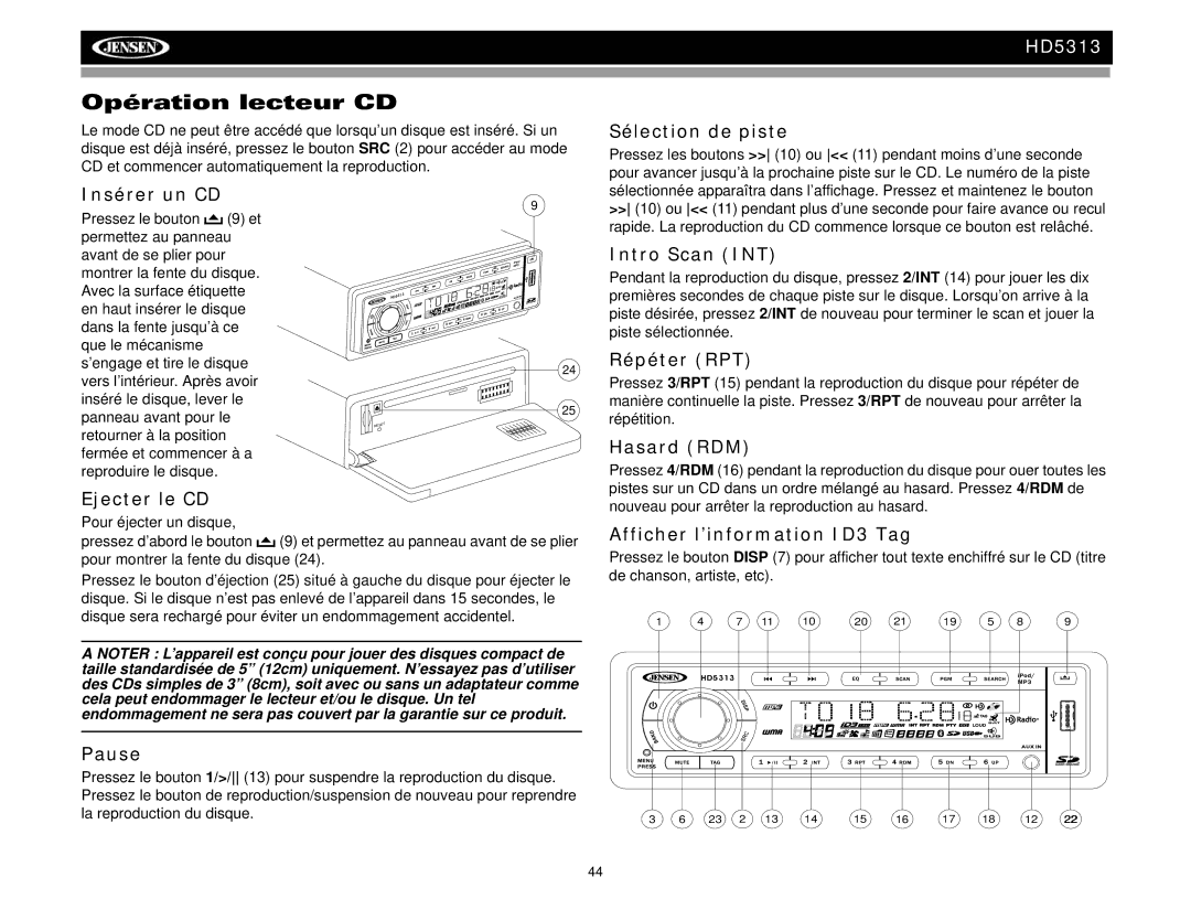 Jensen HD5313IR operation manual Opération lecteur CD 