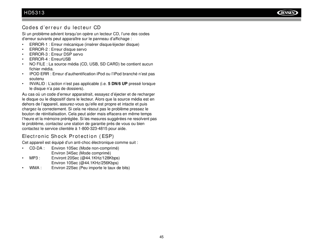 Jensen HD5313IR operation manual Codes d’erreur du lecteur CD, Electronic Shock Protection ESP 