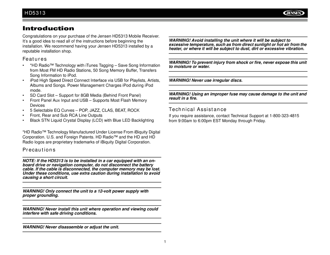 Jensen HD5313IR operation manual Introduction, Features, Precautions Technical Assistance 