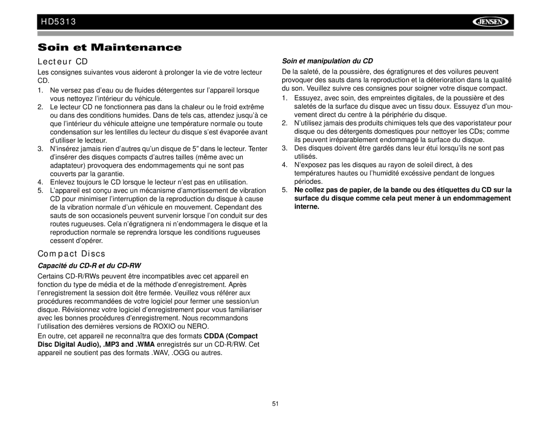 Jensen HD5313IR operation manual Soin et Maintenance, Lecteur CD, Capacité du CD-R et du CD-RW, Soin et manipulation du CD 