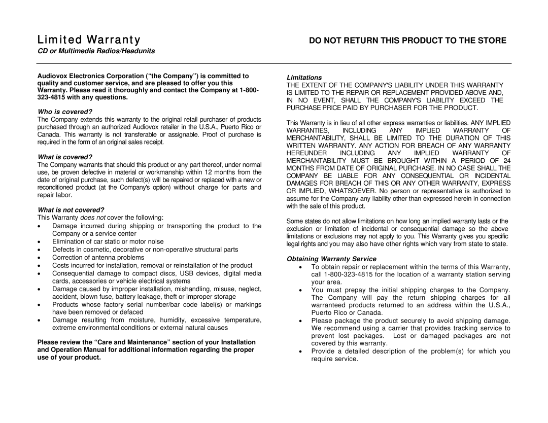 Jensen HD5313IR CD or Multimedia Radios/Headunits, Who is covered?, What is covered?, What is not covered?, Limitations 