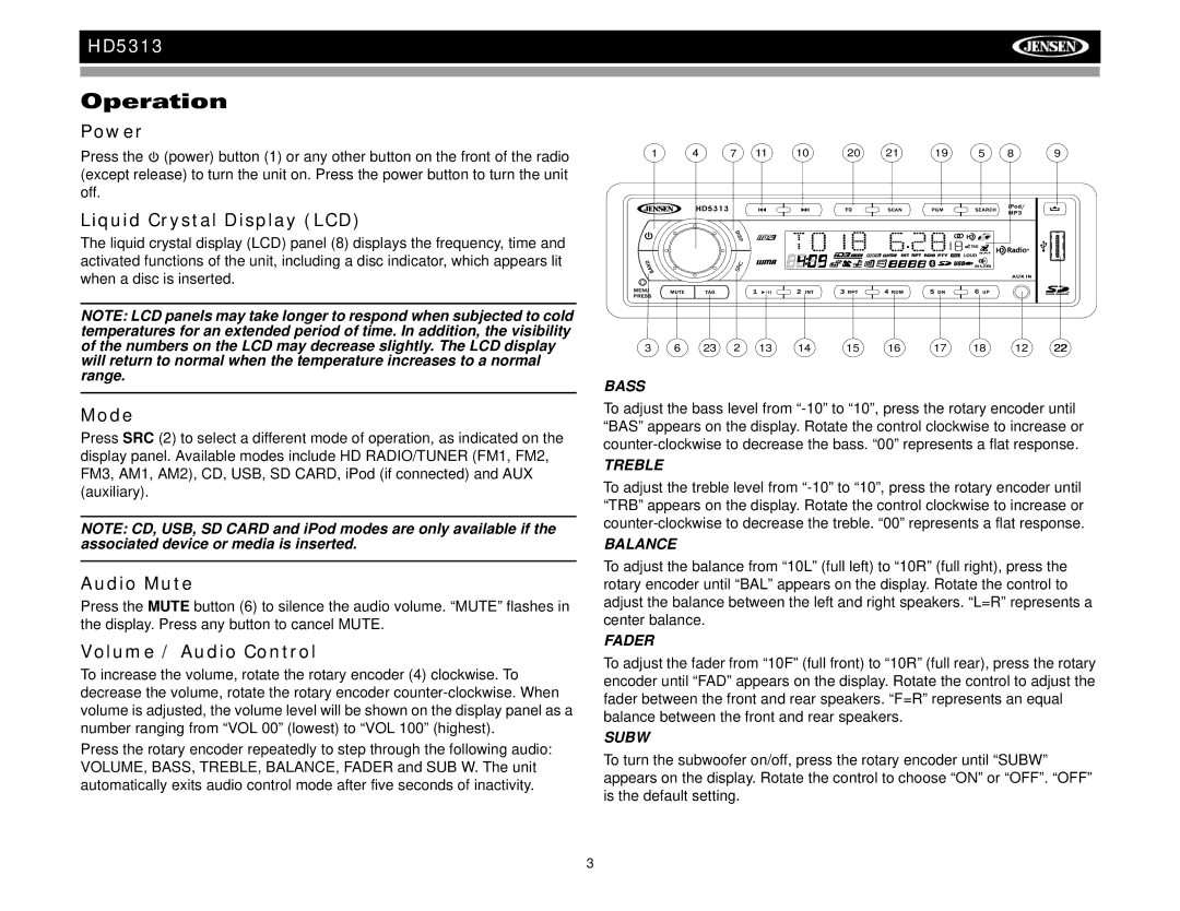 Jensen HD5313IR operation manual Operation 