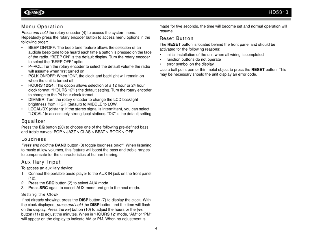 Jensen HD5313IR operation manual Menu Operation, Equalizer, Loudness, Auxiliary Input, Reset Button 