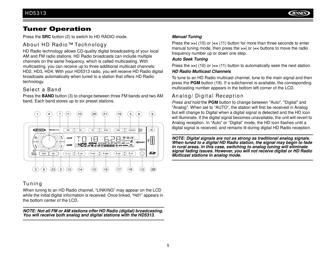 Jensen HD5313IR Tuner Operation, About HD Radio Technology, Select a Band, Tuning, Analog/Digital Reception 