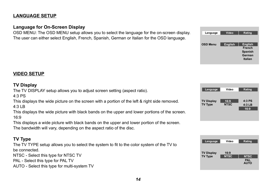 Jensen HR9000PKG operation manual Language for On-Screen Display, TV Display, TV Type 