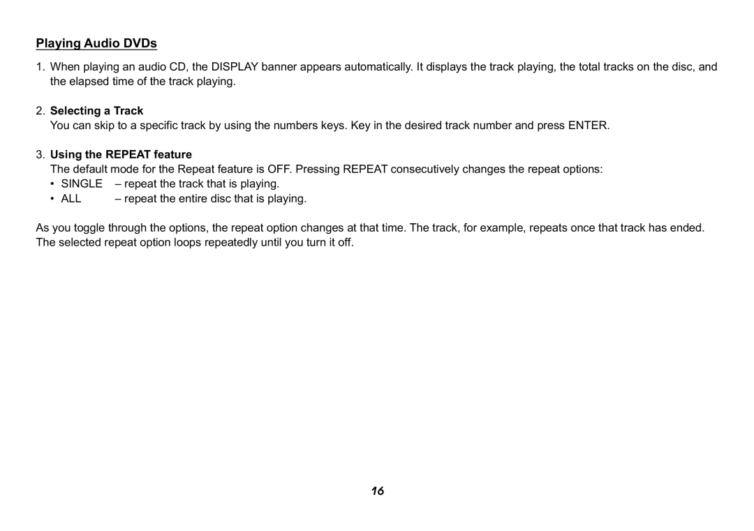 Jensen HR9000PKG operation manual Playing Audio DVDs, Selecting a Track, Using the Repeat feature 