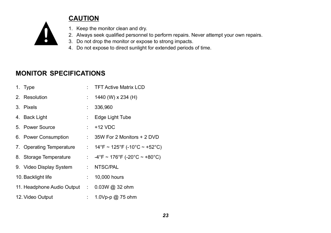 Jensen HR9000PKG operation manual Monitor Specifications 