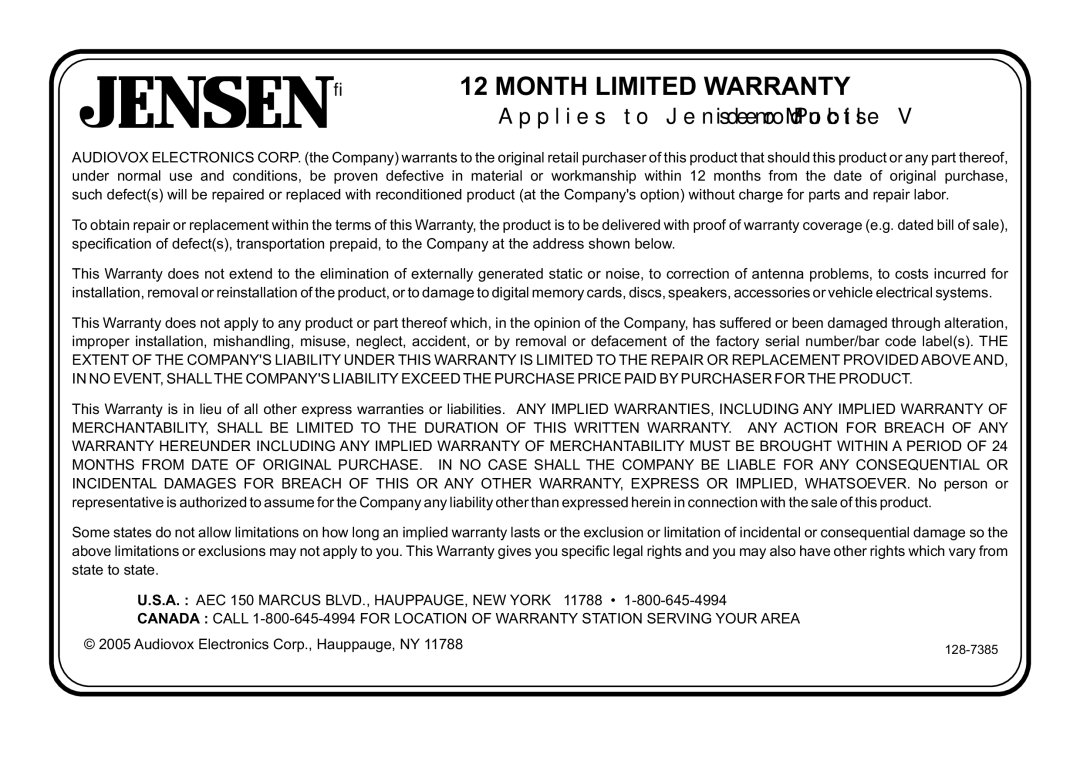 Jensen HR9000PKG operation manual Month Limited Warranty 