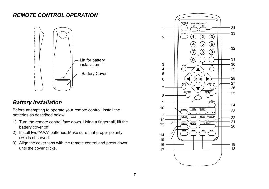 Jensen HR9000PKG operation manual Remote Control Operation, Battery Installation 