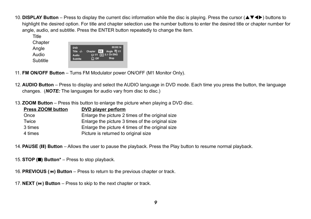 Jensen HR9000PKG operation manual Subtitle, Press Zoom button DVD player perform 