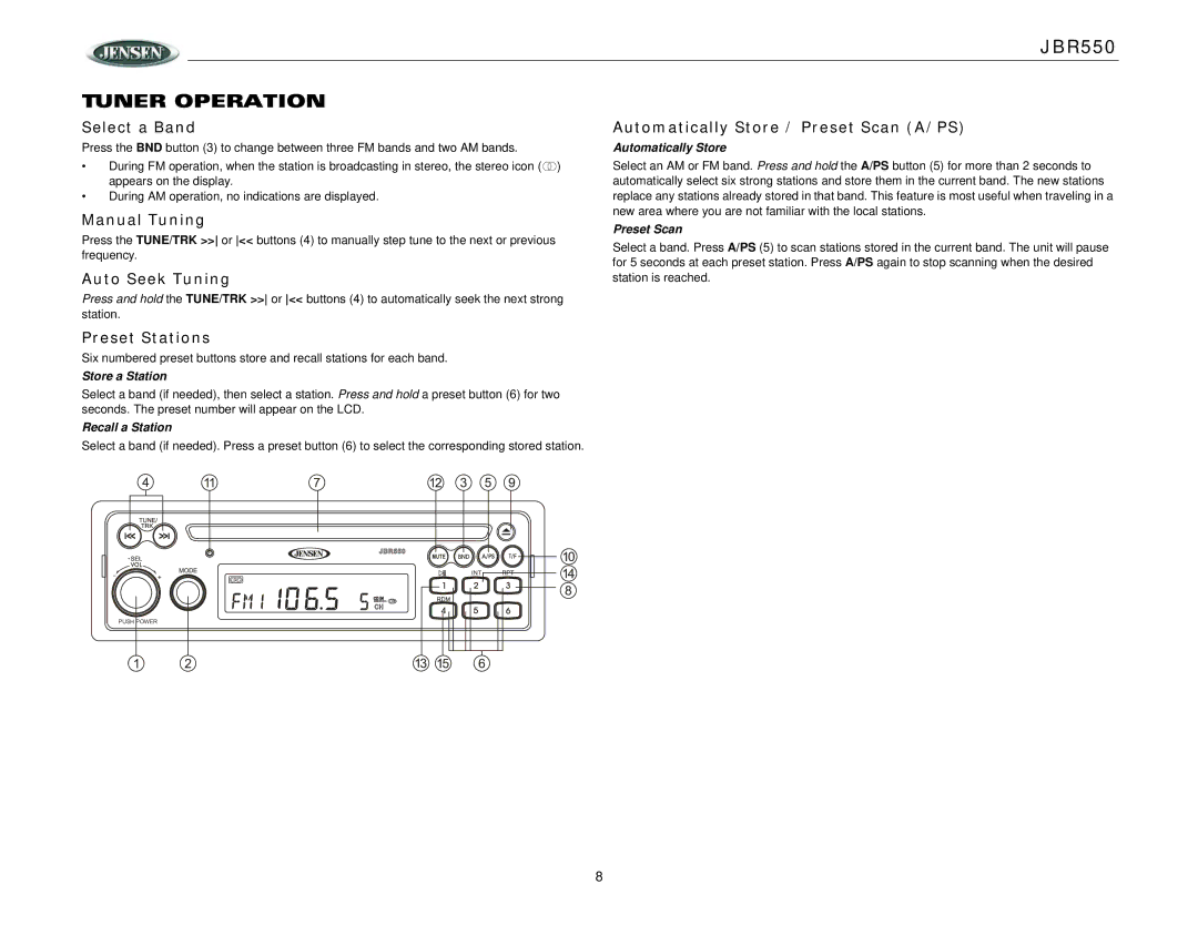 Jensen JBR550 operation manual Tuner Operation 