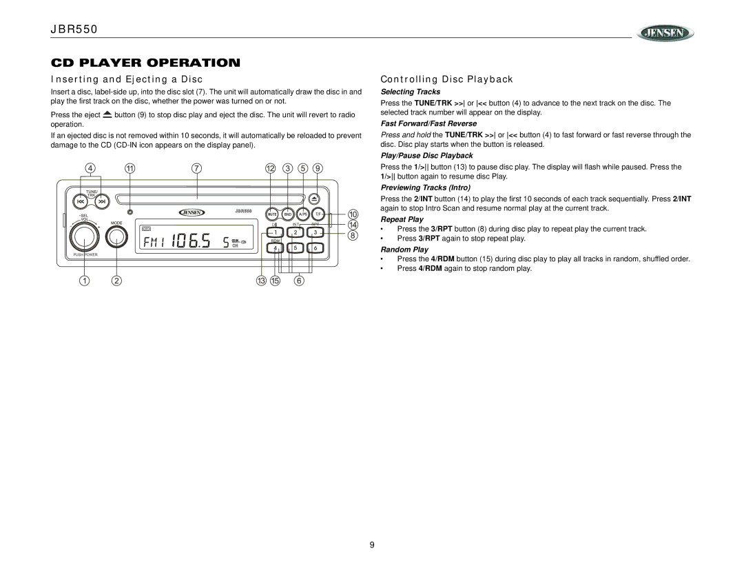 Jensen JBR550 operation manual CD Player Operation, Inserting and Ejecting a Disc, Controlling Disc Playback 