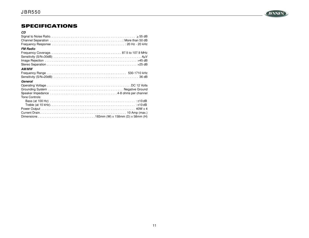 Jensen JBR550 operation manual Specifications, FM Radio, General 