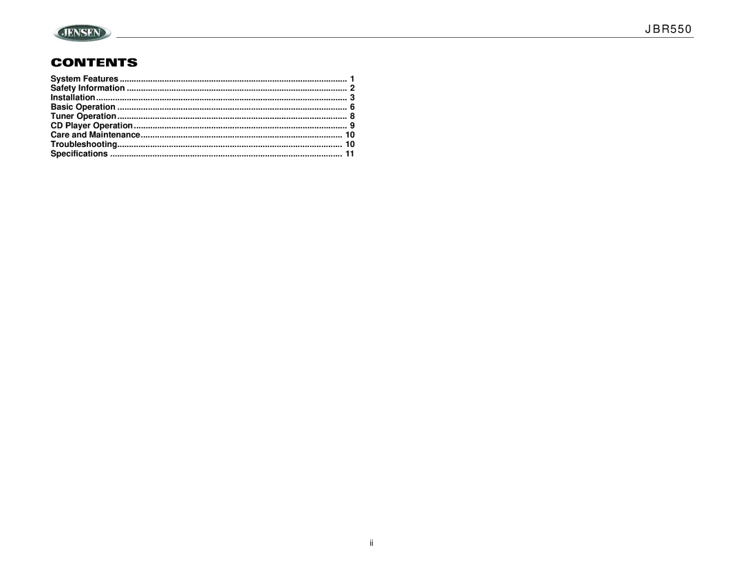 Jensen JBR550 operation manual Contents 