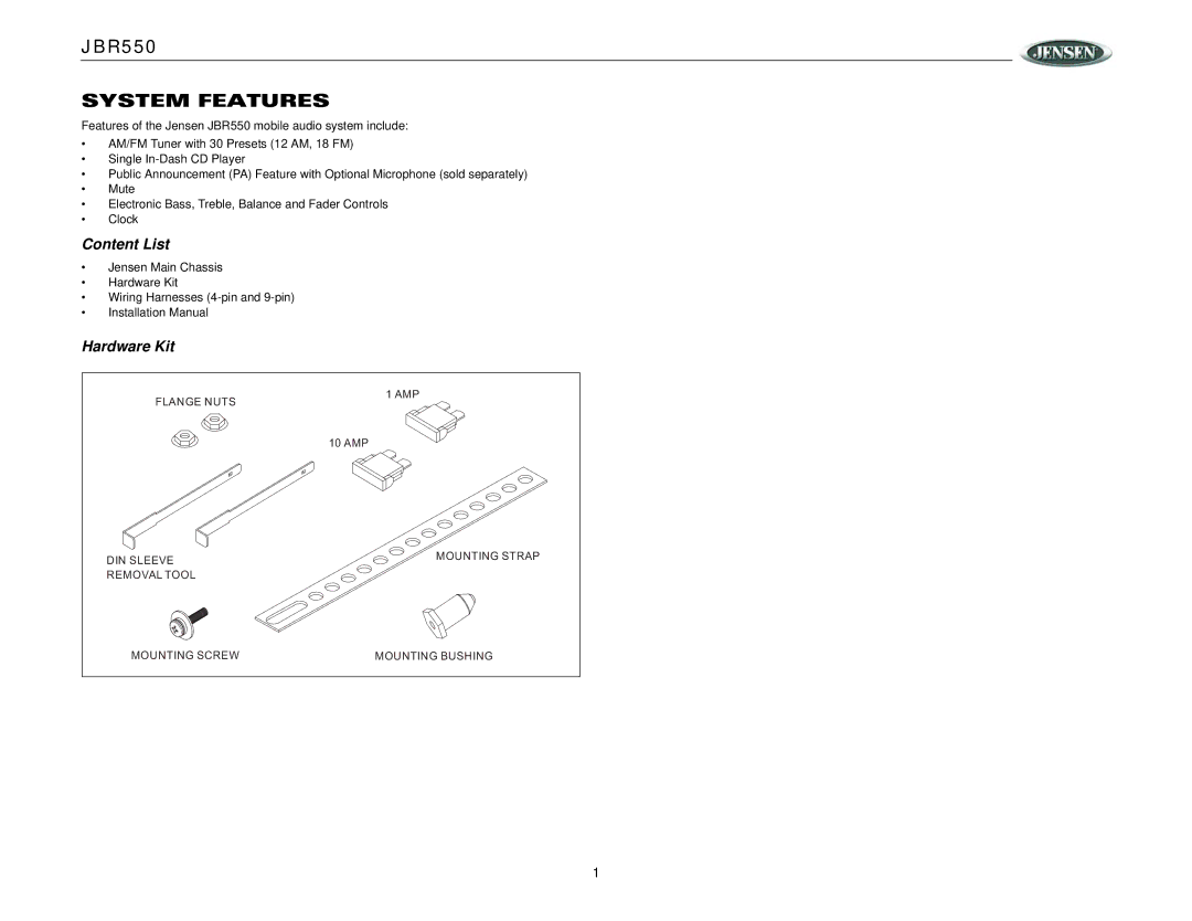 Jensen JBR550 operation manual System Features 