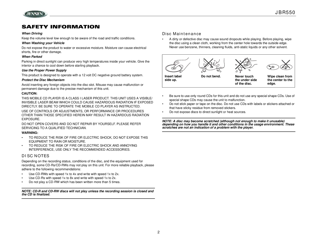 Jensen JBR550 operation manual Safety Information, Disc Maintenance 