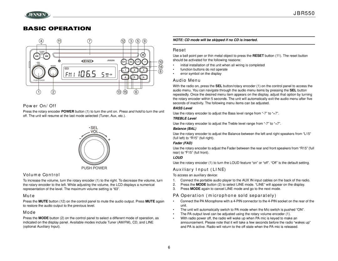 Jensen JBR550 operation manual Basic Operation 