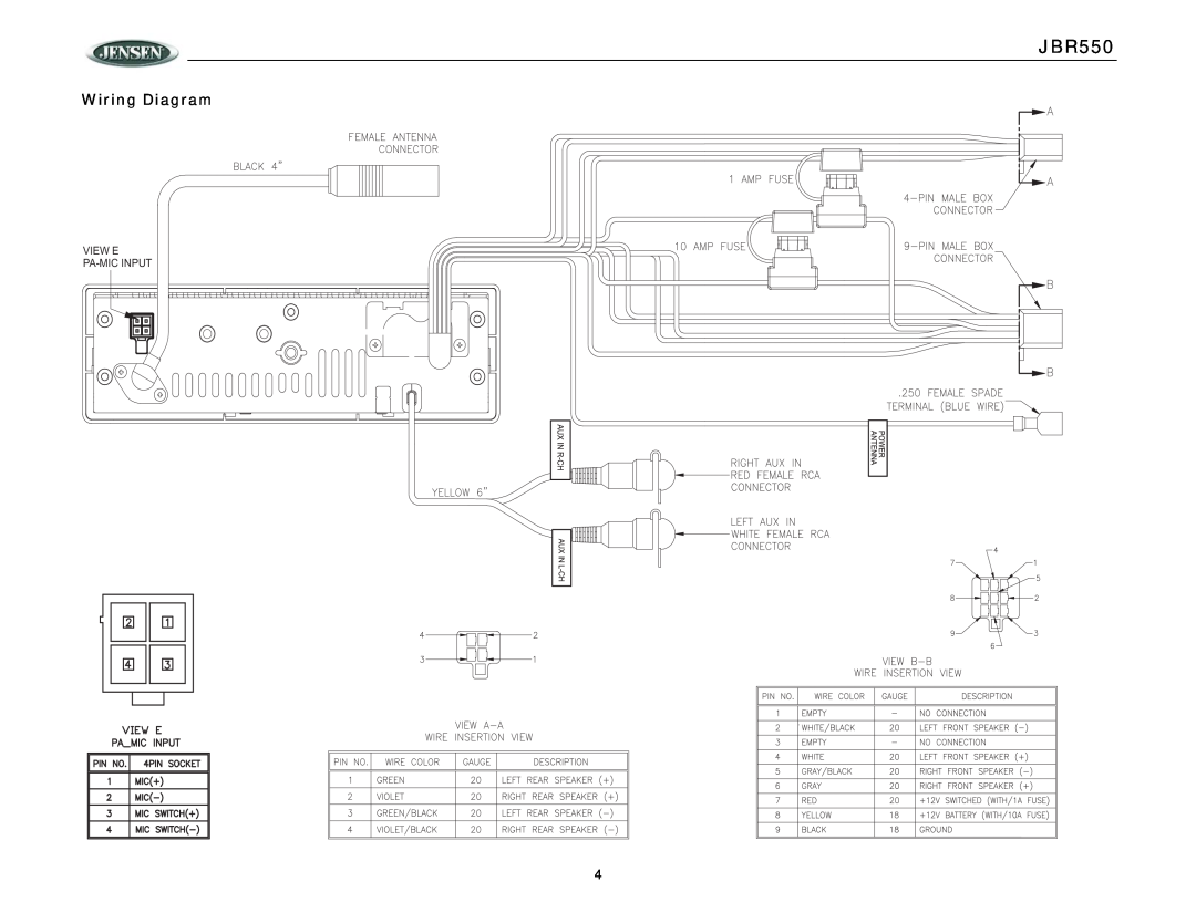 Jensen JBR550 operation manual Wiring Diagram, View E, Pa-Mic Input 